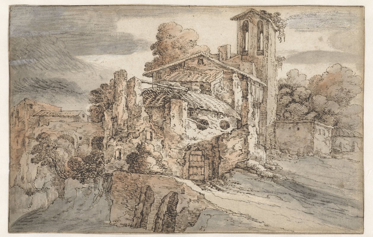 Kościół i starożytne ruiny we Włoszech autorstwa Leonaert Bramer (attributed to)
