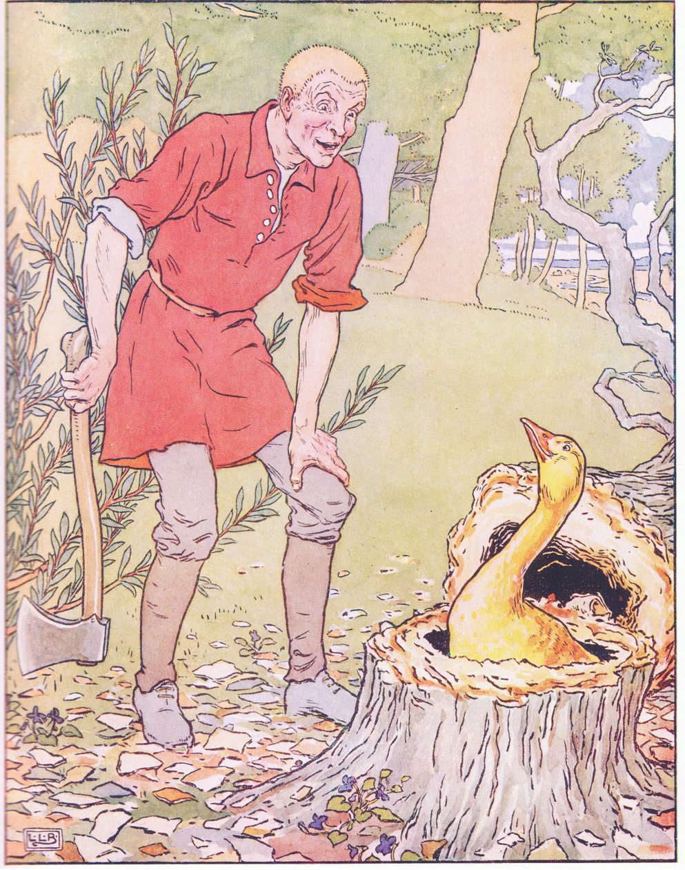 Tam wśród jej korzeni siedziała gęś z piórami ze szczerego złota autorstwa Leonard Leslie Brooke