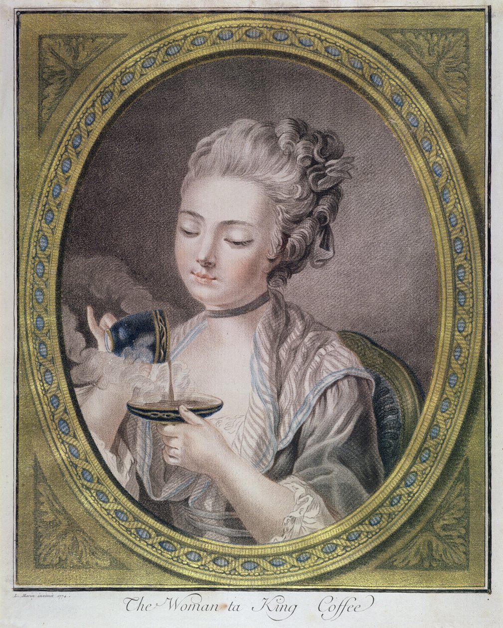 Kobieta biorąca kawę, ok. 1774 (grawerunek kredkowy, barwiony i uszlachetniony złotem) autorstwa Leonardo Marini