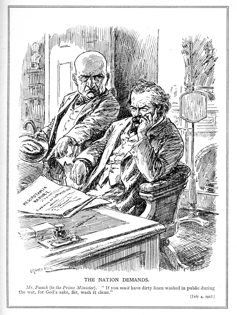 LLoyd George zostaje skarcony przez pana Puncha za Raport o brytyjskiej inwazji na Irak (Mezopotamia) w 1914 r., karykatura z magazynu Punch, lipiec 1917 r. autorstwa Leonard Raven Hill