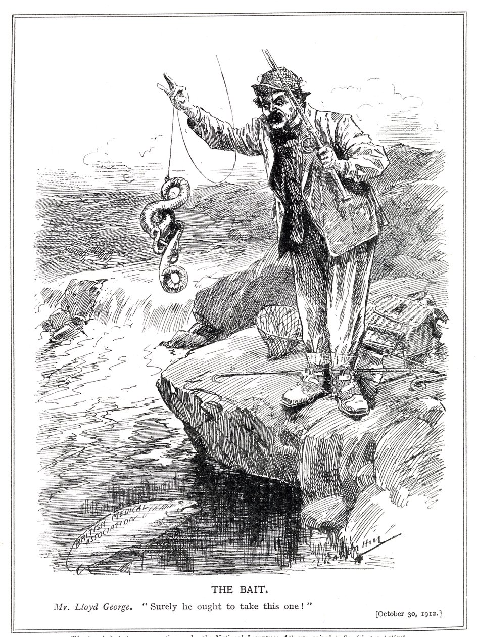 Lloyd George próbuje pozyskać zawód lekarza do zatwierdzenia jego ustawy o ubezpieczeniach społecznych z 1912 r. autorstwa Leonard Raven Hill
