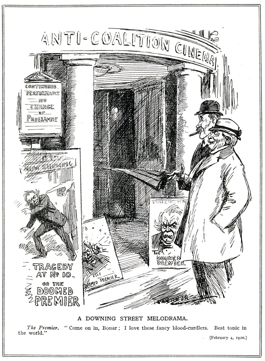 Liberalny premier Lloyd George zaprasza swojego konserwatywnego kanclerza Bonar Law do kina „Antykoalicja” na Tragedię pod numerem 10, The Doomed Premier, karykaturę z magazynu „Punch” autorstwa Leonard Raven Hill