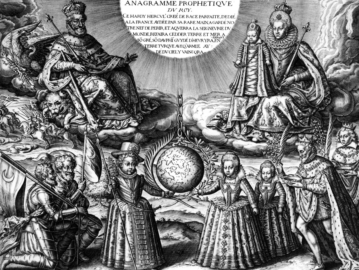 francuska rodzina królewska w 1607 r. (propaganda): francuski król Henryk IV i jego żona królowa Maria de Medicis trzymająca córkę Krystyna; dół: ich inne dzieci: przyszły Ludwik XIII, Elisabeth i Henriette-Marie. Na r: król, a za nim jego chory autorstwa Leonard Gaultier