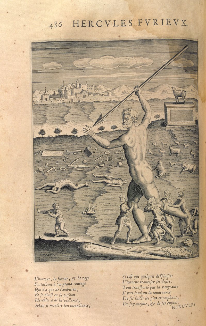 Herkules rozwścieczony, z „Les Images ou Tableaux de Platte Peinture des Deux Philostrates Sophistes Grecs”, autorstwa Blaise de Vigenere (1523-96) Paryż, 1615 autorstwa Leonard Gaultier
