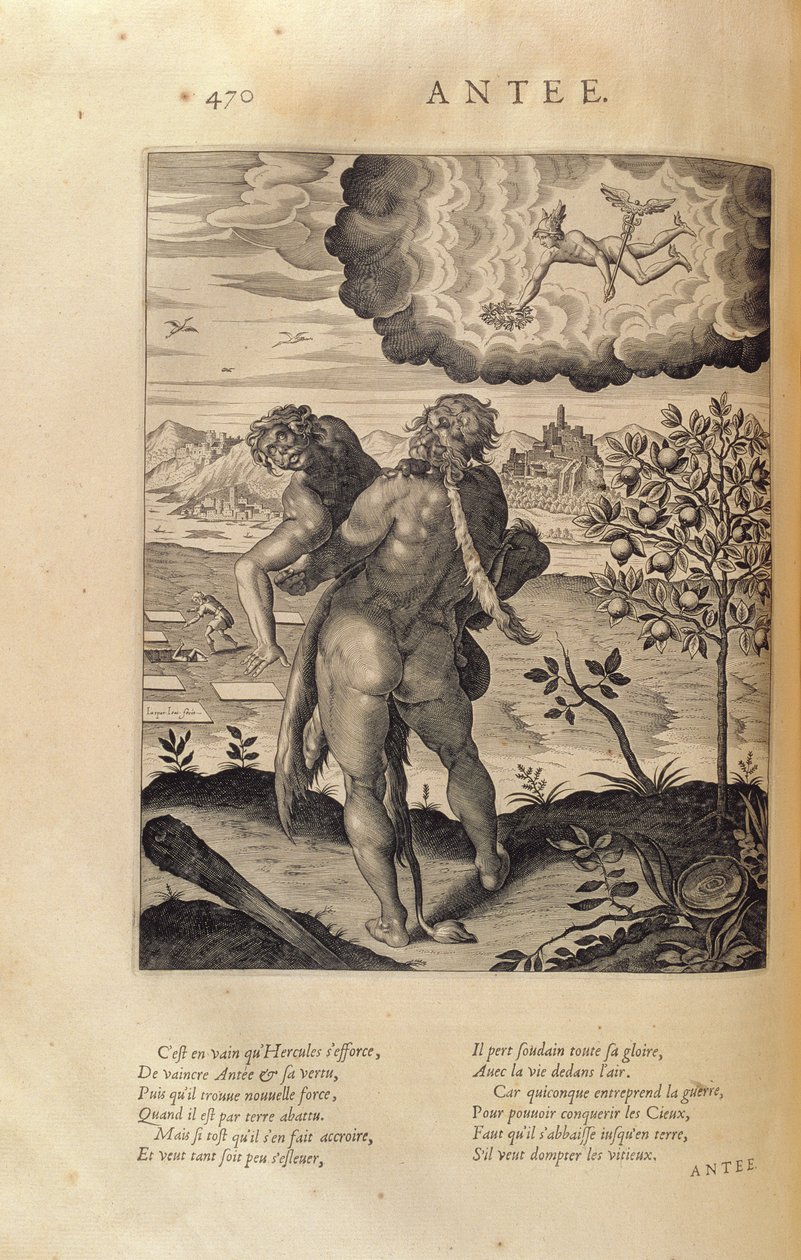 Herkules zabijający Antaeusa, z „Les Images ou Tableaux de Platte Peinture des Deux Philostrates Sophistes Grecs”, Blaise de Vigenere (1523-96) Paryż, 1615 autorstwa Leonard Gaultier