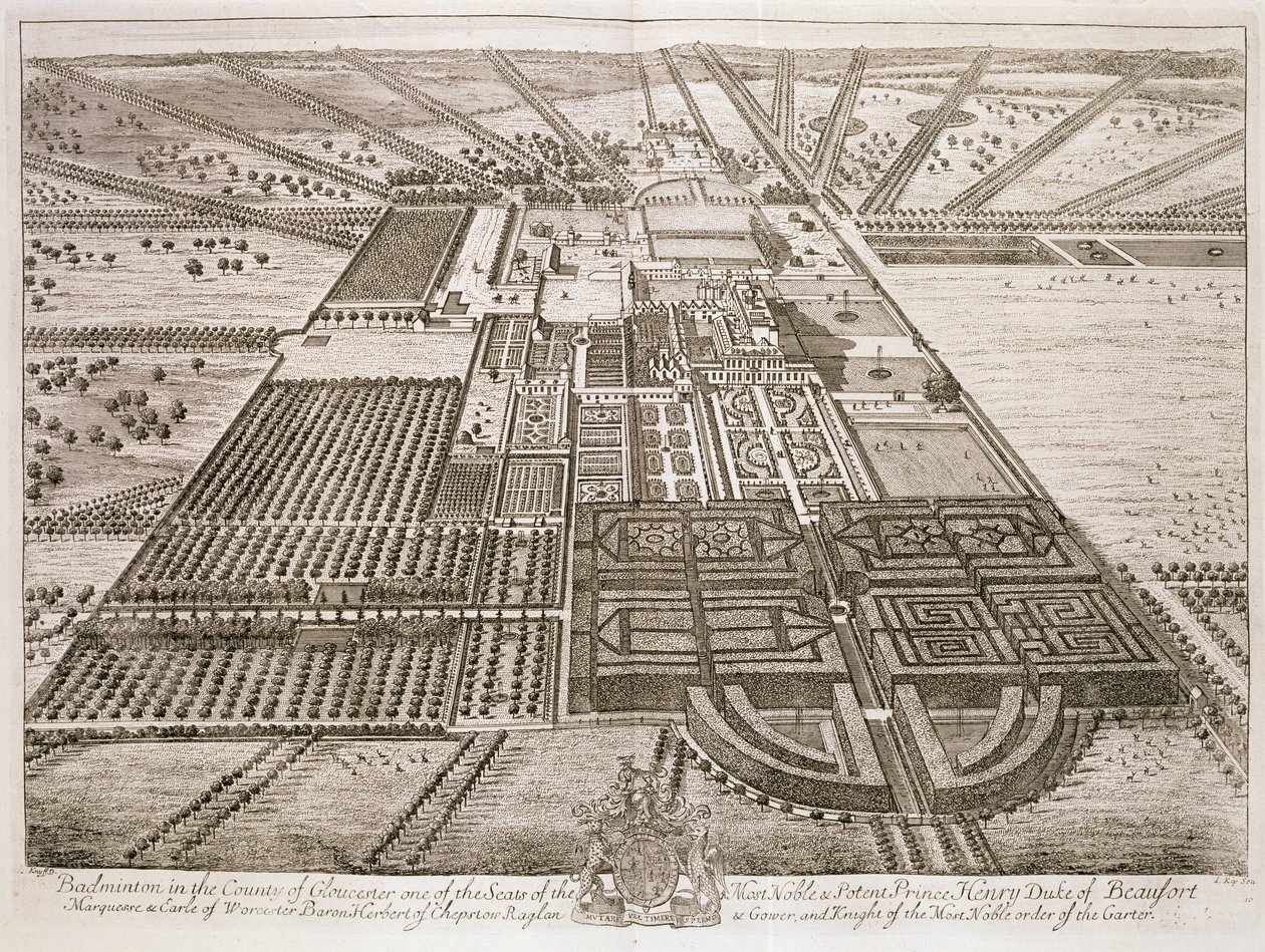Badminton House w hrabstwie Gloucester, grawerowany przez Johannesa Kipa (ok. 1652-1722) (patrz także 192764) autorstwa Leonard Knyff