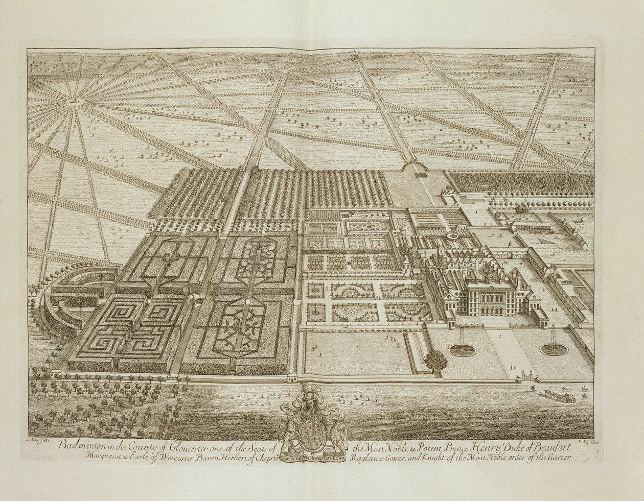Badminton House w hrabstwie Gloucester, grawerowany przez Johannesa Kipa (ok. 1652-1722) (patrz także 192765) autorstwa Leonard Knyff