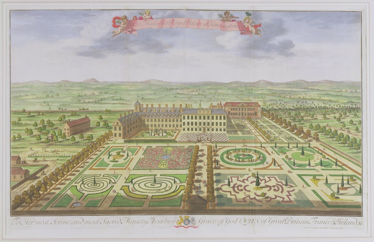 Pałac Królewski Jej Królewskiej Mości w Kensington, z „Survey of London” grawerowanego przez Johannesa Kipa (ok. 1652-1722), 1730 (kolor grawerowany) autorstwa Leonard Knyff