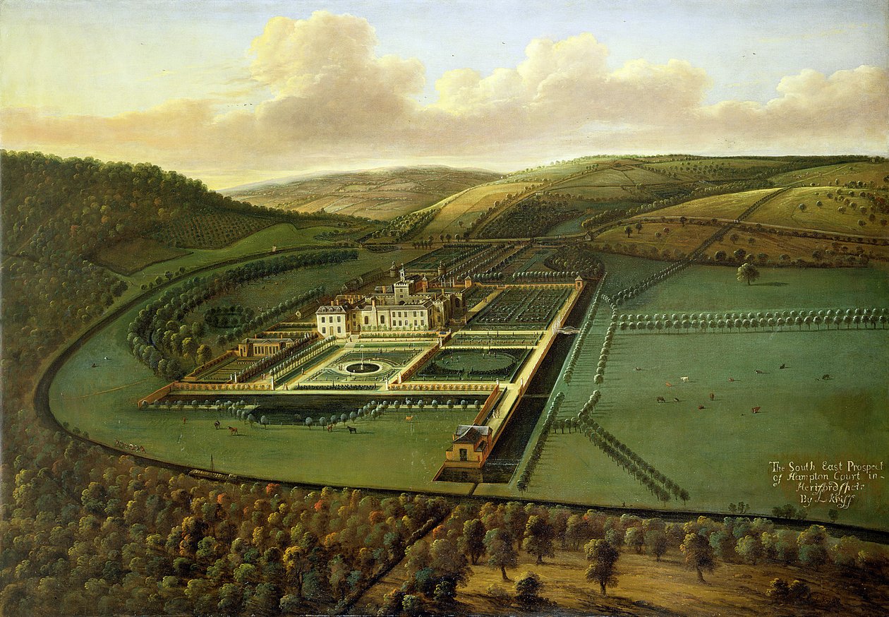 Południowo-wschodnia perspektywa Hampton Court, Herefordshire, c.1699 autorstwa Leonard Knyff