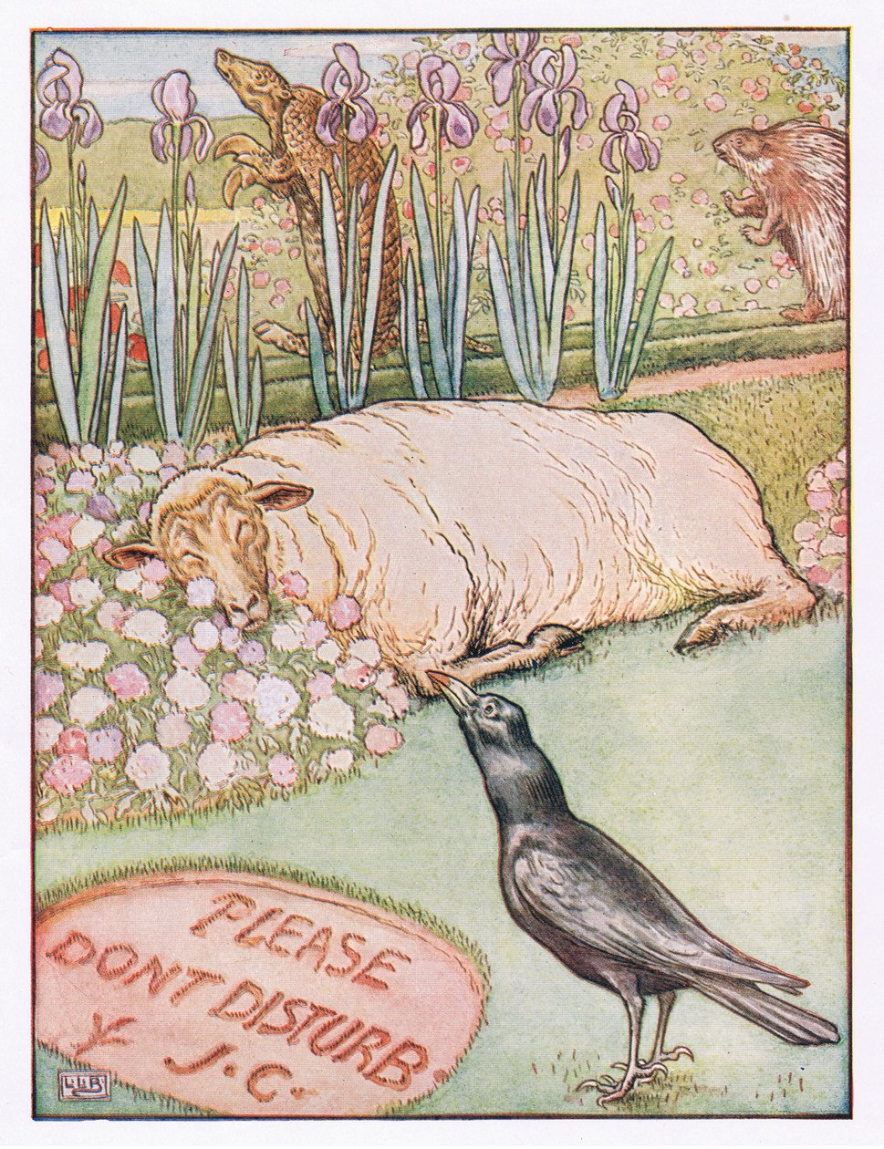 A owce poszły spać, ilustracja z „Przyjęcia Johnny Crow”, ok. 1930 r. autorstwa Leonard Leslie Brooke