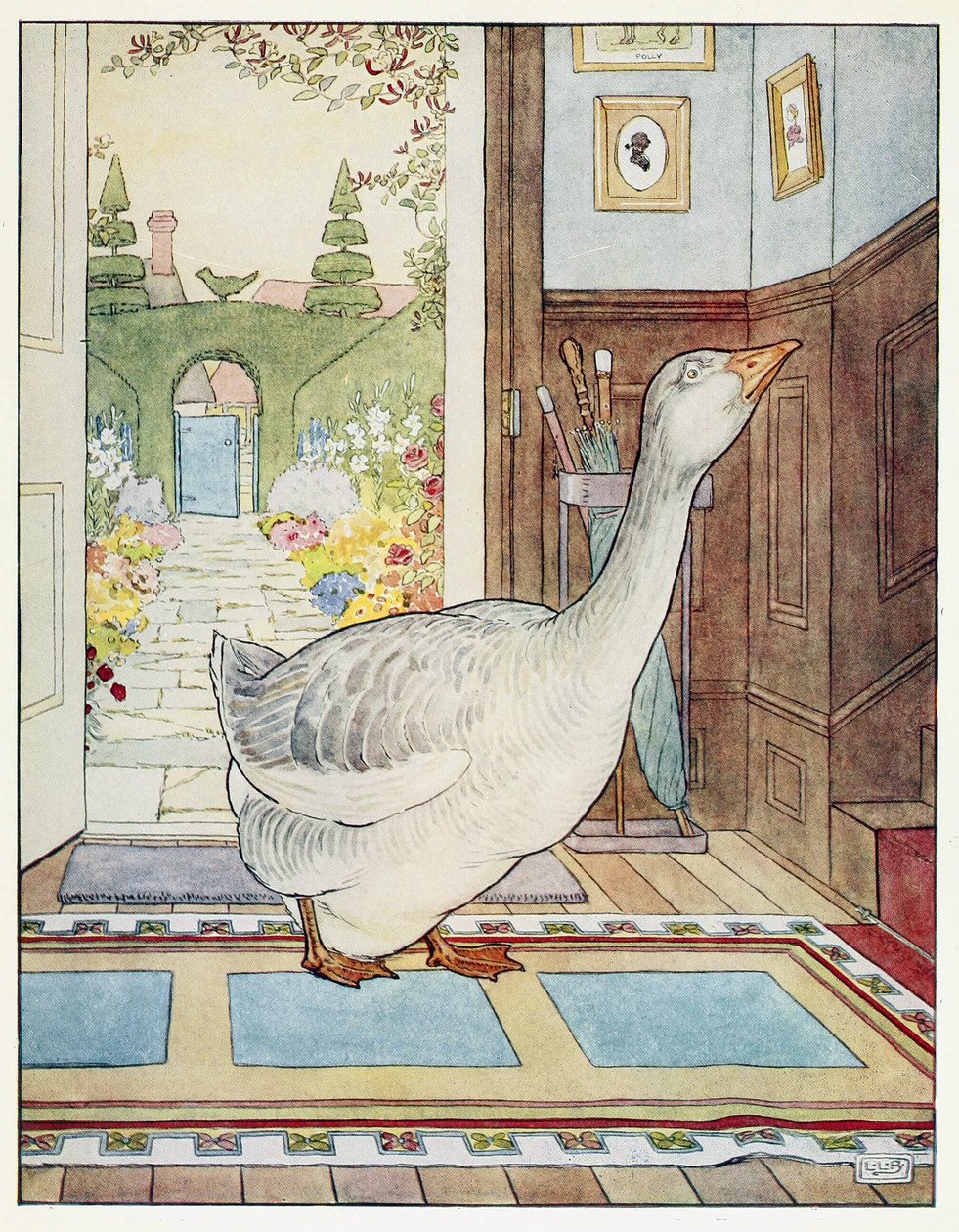Goosey, Goosey Gander, Where Shall I Wander?, z książki z obrazkami rymowanki, wyd. 1914 (kolor lito) autorstwa Leonard Leslie Brooke