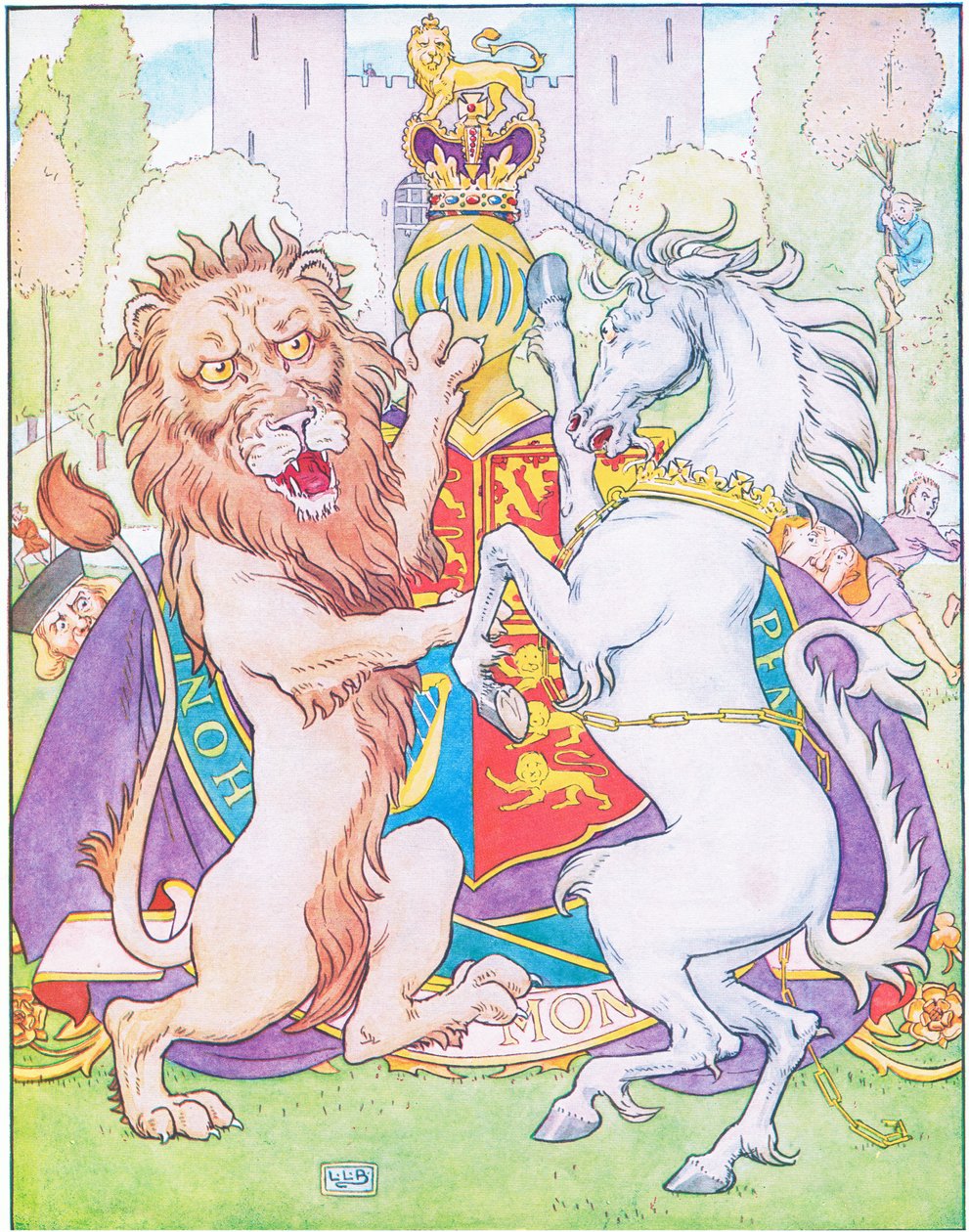 Lew i jednorożec walczyli o koronę (kolor litho) autorstwa Leonard Leslie Brooke