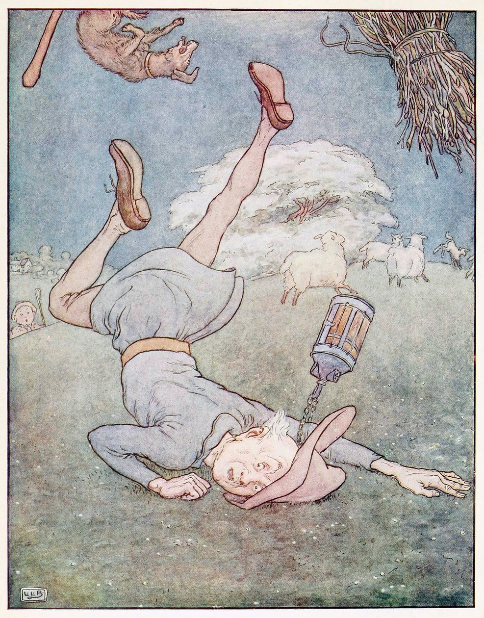 Mężczyzna na księżycu spadł z pubu A Nursery Rhyme Picture Book. 1914. autorstwa Leonard Leslie Brooke