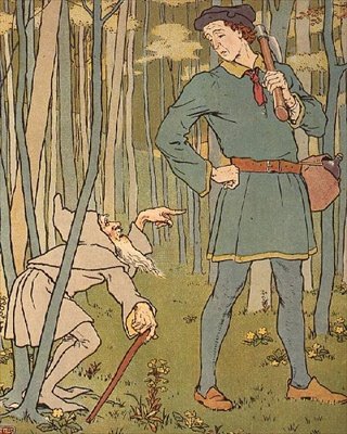 Spotkaliśmy małego staruszka. Ilustracja ze Złotej Gęsi autorstwa Leonard Leslie Brooke