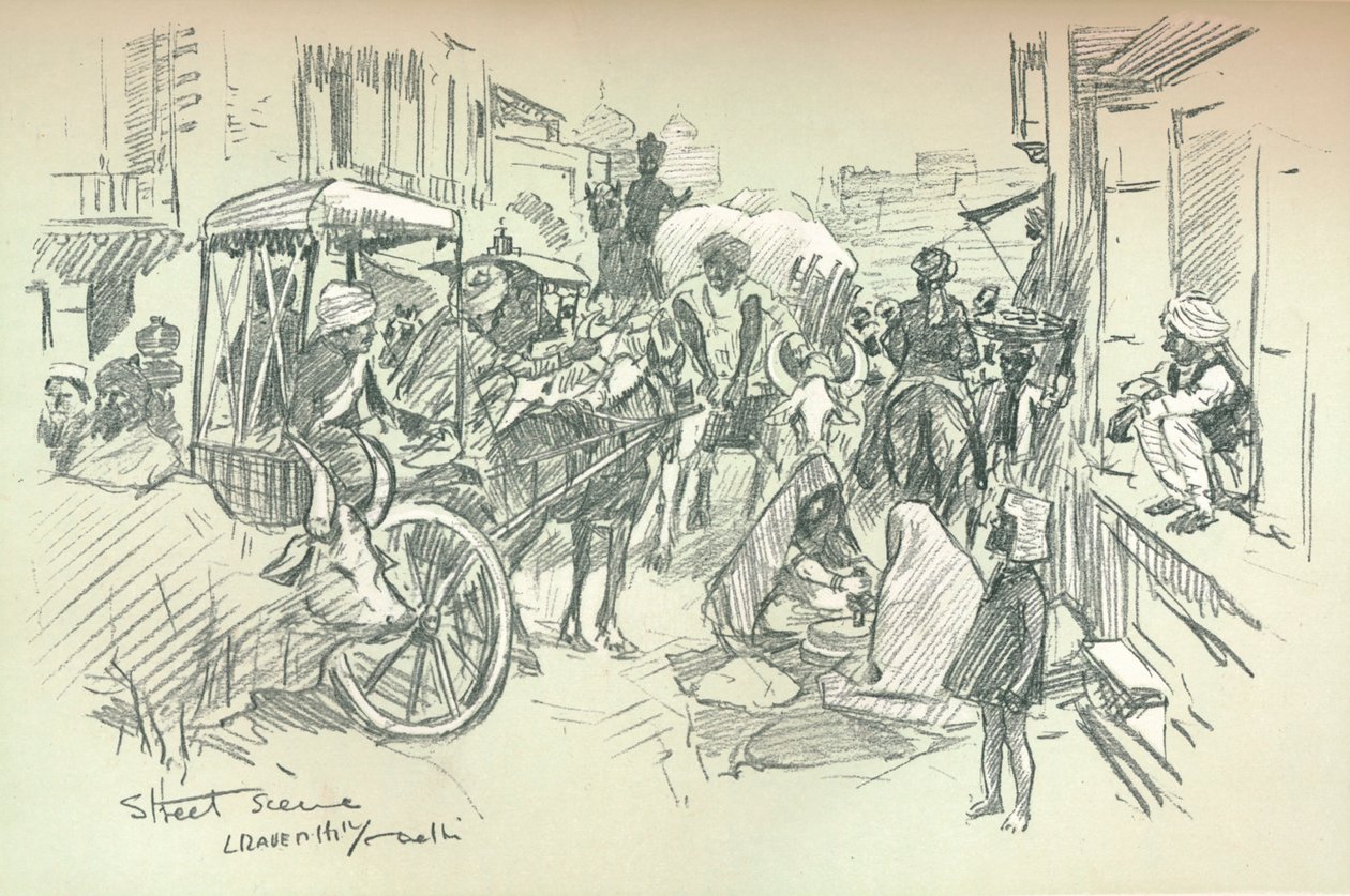 Scena uliczna w Delhi, ok. 1903 r. autorstwa Leonard Raven Hill
