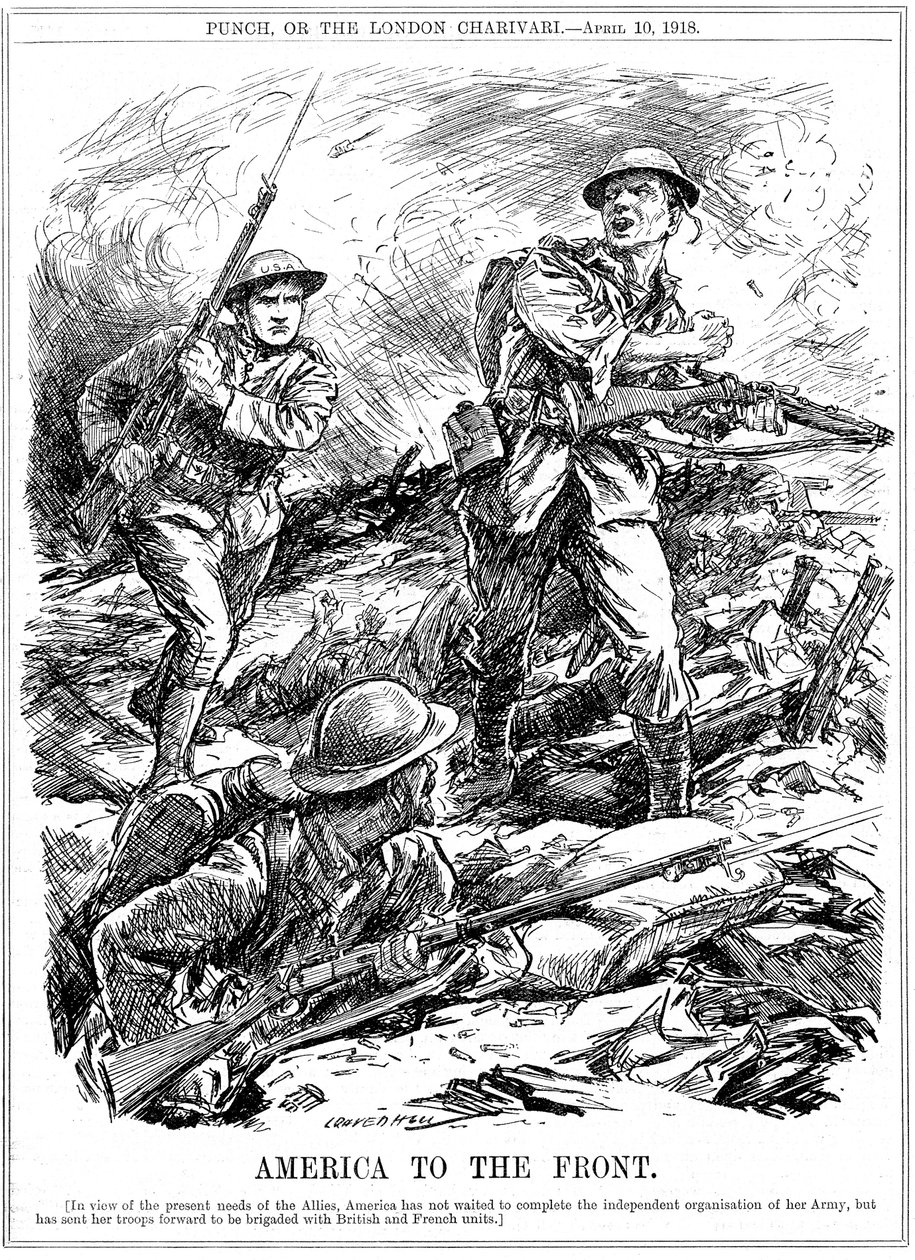 Amerykańskie posiłki na pomoc wojskom alianckim przed przybyciem głównej armii amerykańskiej, I wojna światowa, 1918 r. autorstwa Leonard Raven Hill