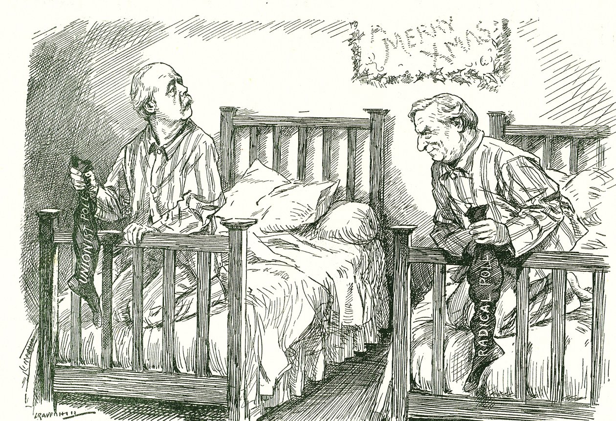 Arthur Balfour, konserwatysta, i Herbert Asquith, liberał, ze swoimi świątecznymi pończochami. W wyborach powszechnych w grudniu 1910 r. żaden z nich nie uzyskał większości. Asquith był w stanie utworzyć rząd w koalicji z Irlandzką Partią Narodową. Leonard autorstwa Leonard Raven Hill