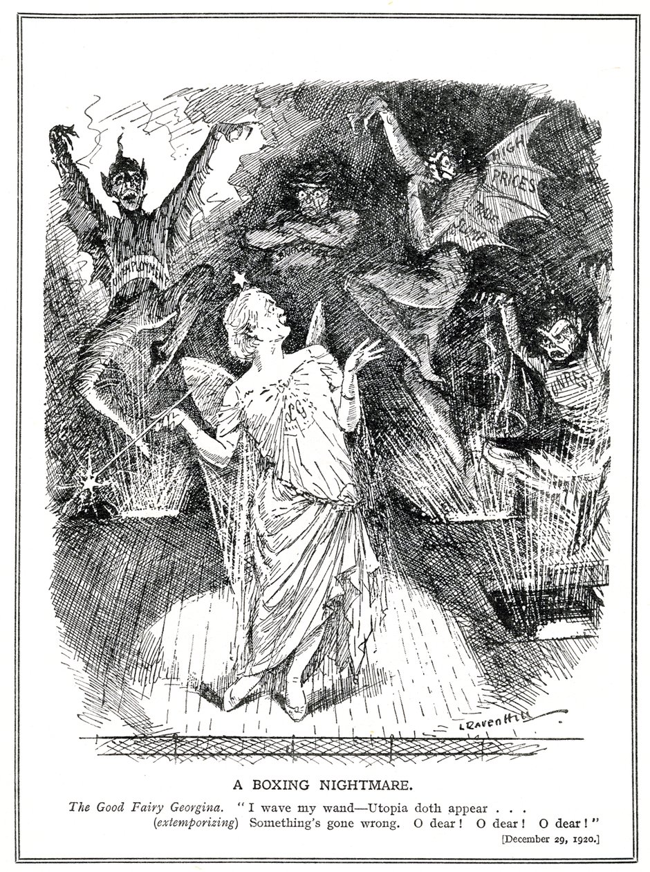 LLoyd George, "Dobra Wróżka" rządu koalicyjnego ma nadzieję przekształcić Wielką Brytanię w Utopię, ale zamiast tego wyczarowuje koszmar i diabły bezrobocia, załamania handlu, wysokich cen i niepokojów, autorstwa Leonard Raven Hill