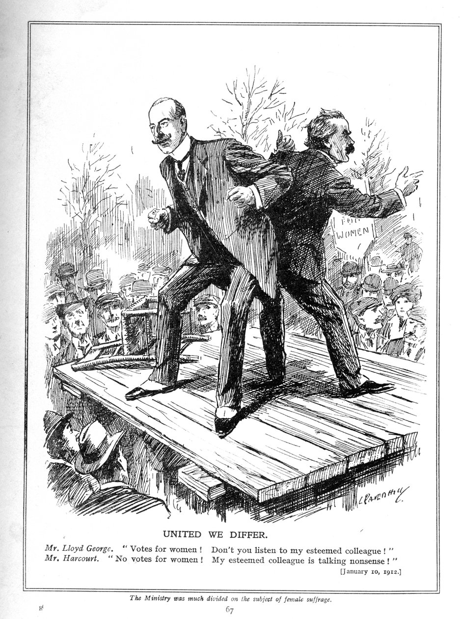 Lloyd George i Harcourt, obaj ministrowie w rządzie liberalnym, nie zgadzają się co do oddawania głosów kobietom, 1910 autorstwa Leonard Raven Hill