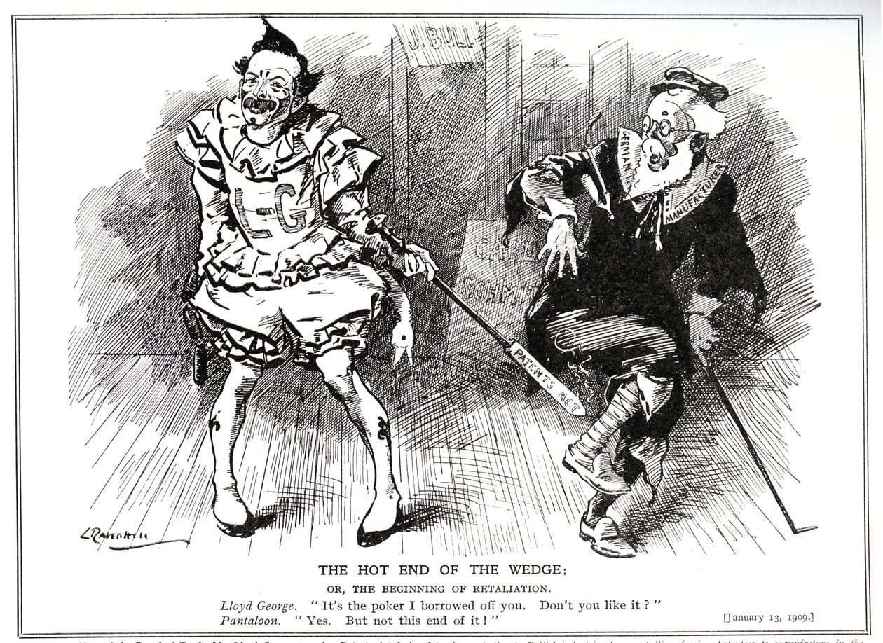 Lloyd George, jako prezes Izby Handlowej, chroniący brytyjski przemysł przed niemiecką konkurencją na mocy „Patents and Designs Act” z 1907, 1909 autorstwa Leonard Raven Hill