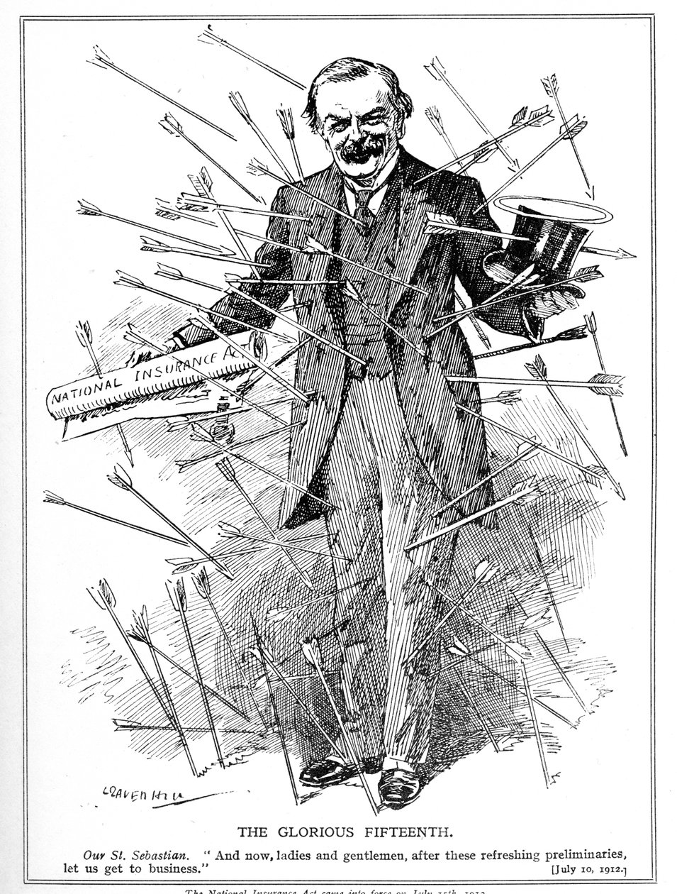 Lloyd George, przedstawiony jako męczennik, św. Sebastian, atakowany za swoją ustawę o ubezpieczeniach narodowych, która weszła w życie 15 lipca 1912 r. Ustawa o ubezpieczeniach z 1911 r. autorstwa Leonard Raven Hill