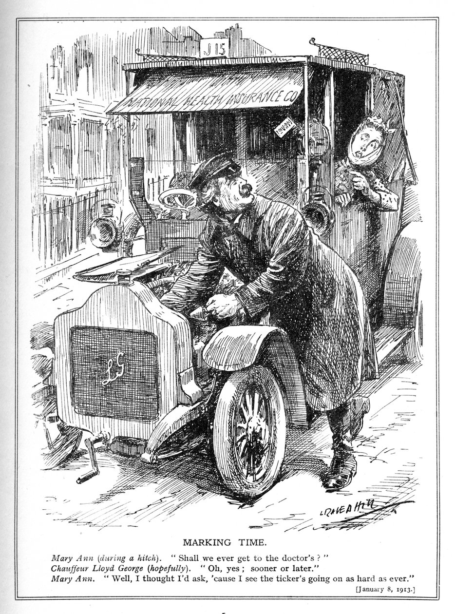 Lloyd George spóźnia się z zabraniem pacjenta do lekarza zgodnie z ustawą o narodowym ubezpieczeniu zdrowotnym z 1913 r. autorstwa Leonard Raven Hill