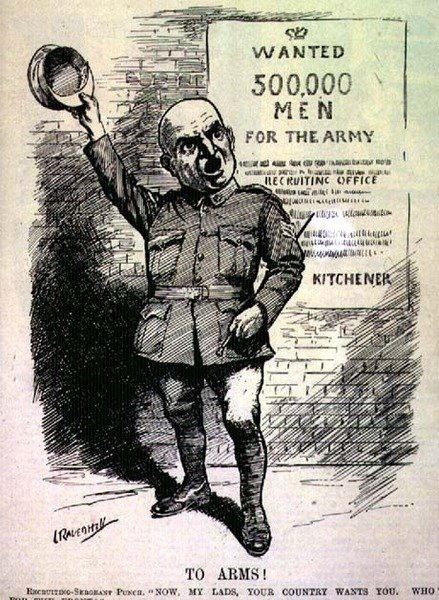 Do broni! Rekrutacja-sierżant Punch; „Teraz, moi chłopcy, wasz kraj was chce. Kto jest na froncie?” z magazynu „Punch”, tom CXLVII s.195, wyd. 2 września autorstwa Leonard Raven Hill