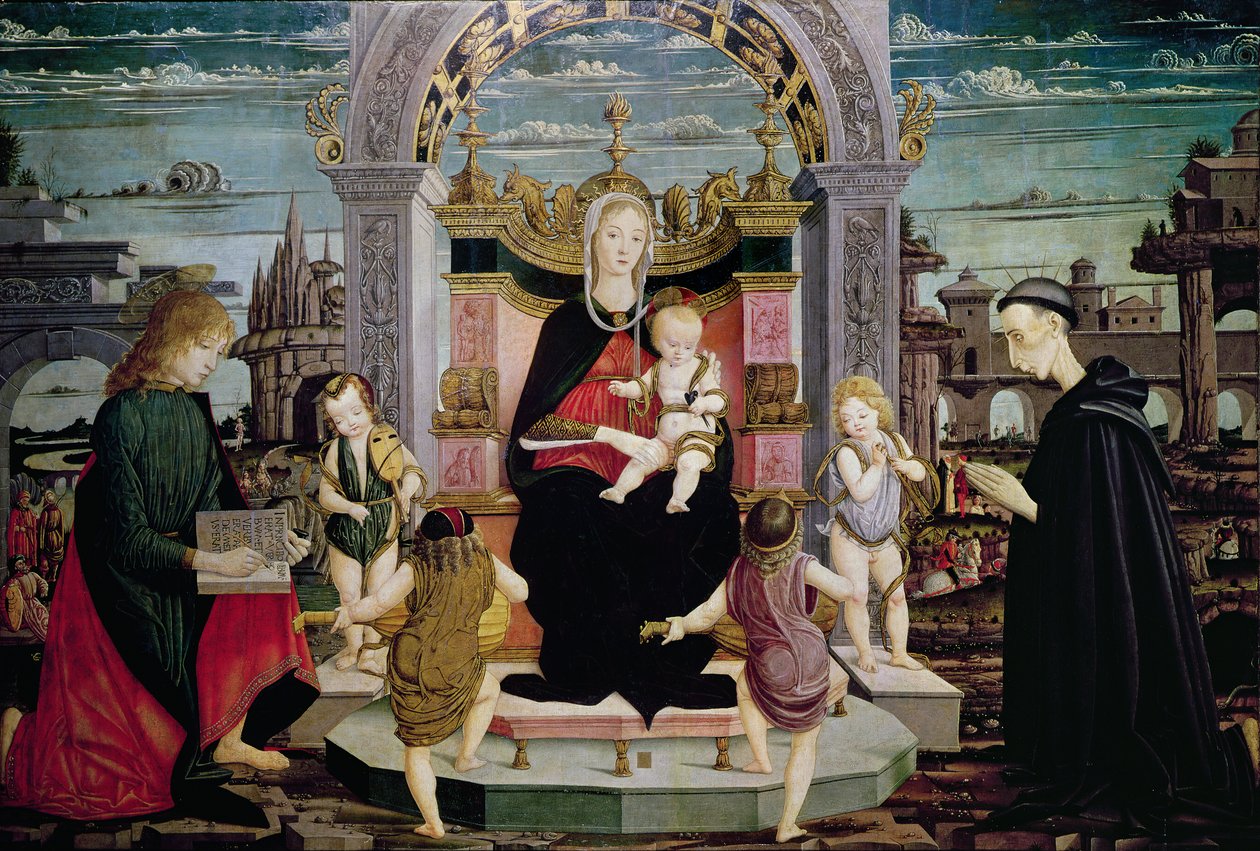 Dziewica z Dzieciątkiem na tronie ze św. Janem Ewangelistą i błogosławionym Giacomo Bertoni autorstwa Leonardo I Scaletti