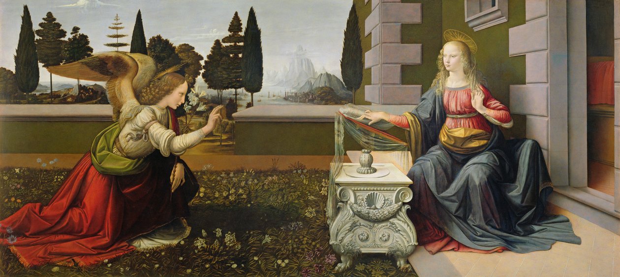 Zwiastowanie, 1472-75 (po restauracji) autorstwa Leonardo da Vinci