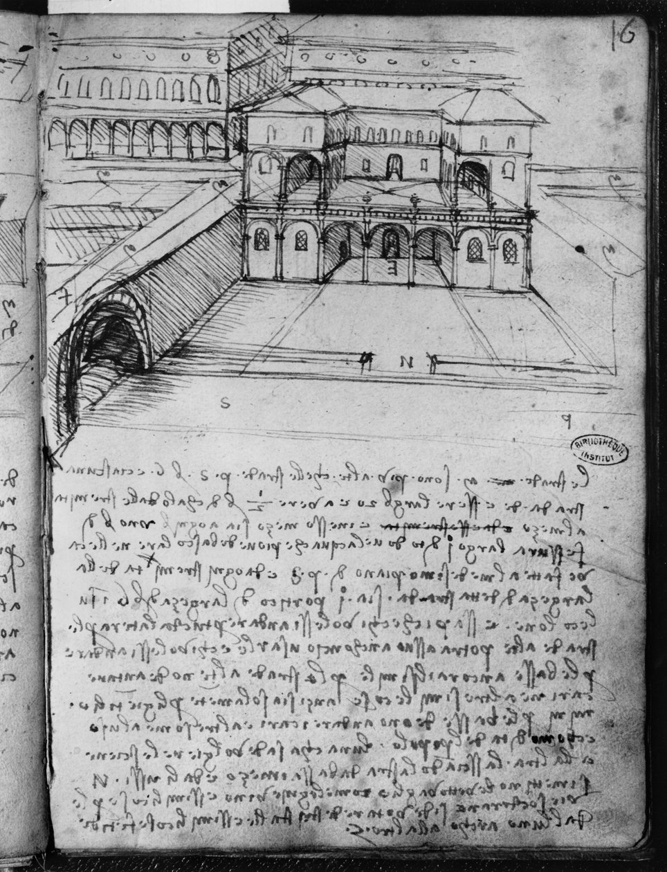 Szkic architektoniczny „Miasta idealnego”, fol. 16 (recto) z rękopisu paryskiego B, 1488-90 (pióro i atrament na papierze) autorstwa Leonardo da Vinci