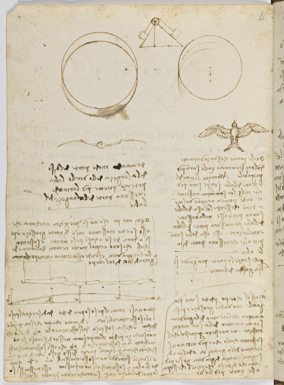 Kodeks lotów ptaków, ok. 1505-06, rękopis papierowy, k. 18, arkusz 4 verso autorstwa Leonardo da Vinci