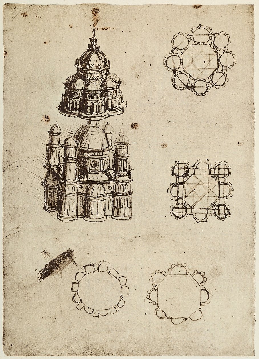 Budynki zaplanowane centralnie, rysunek Leonarda da Vinci, część Kodeksu B (2173), ok. 25v, mieszczące się w Institut de France w Paryżu autorstwa Leonardo da Vinci