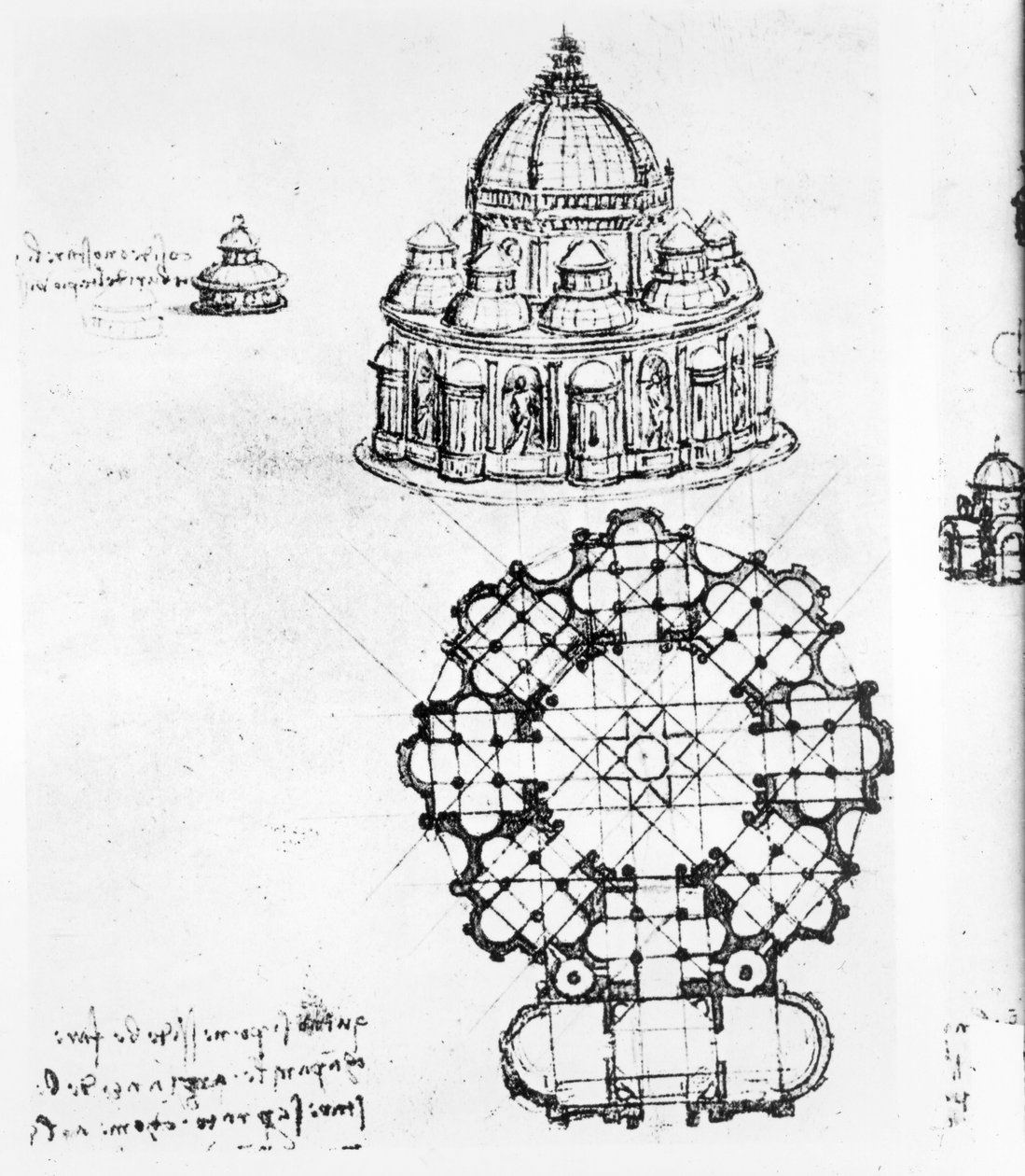 Szczegół scentralizowanego kościoła, ok. 1488 pióro i atrament i umyć czarną kredą autorstwa Leonardo da Vinci