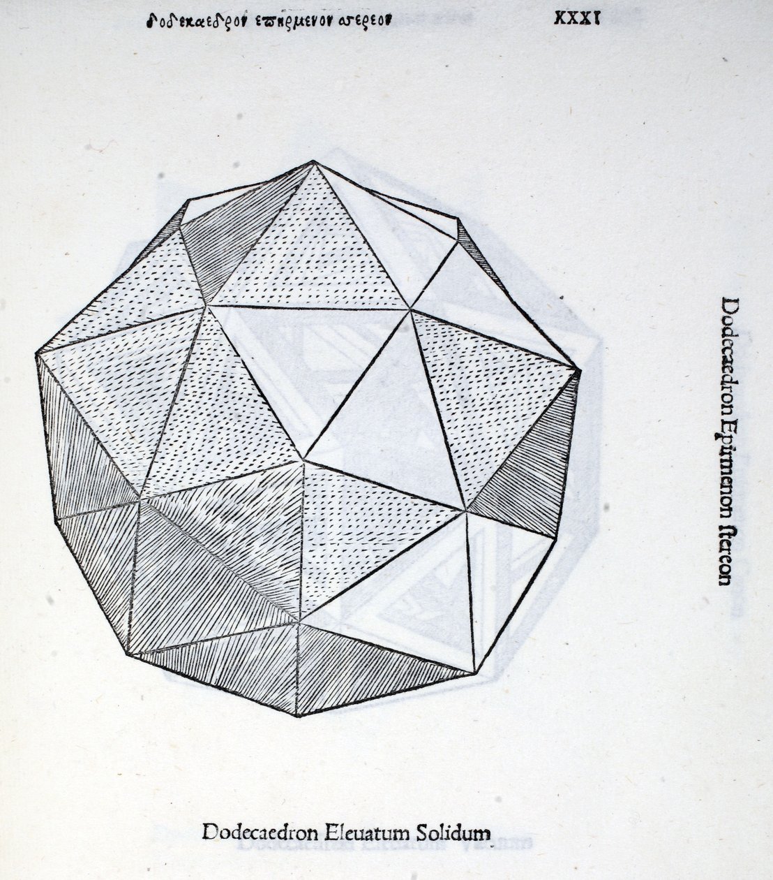 Wzniesiony, solidny dwunastościan, ilustracja z „Boskiej proporcji” Luca Pacioli (ok. 1445-1517), pierwotnie wyd. Wenecja, 1509 autorstwa Leonardo da Vinci