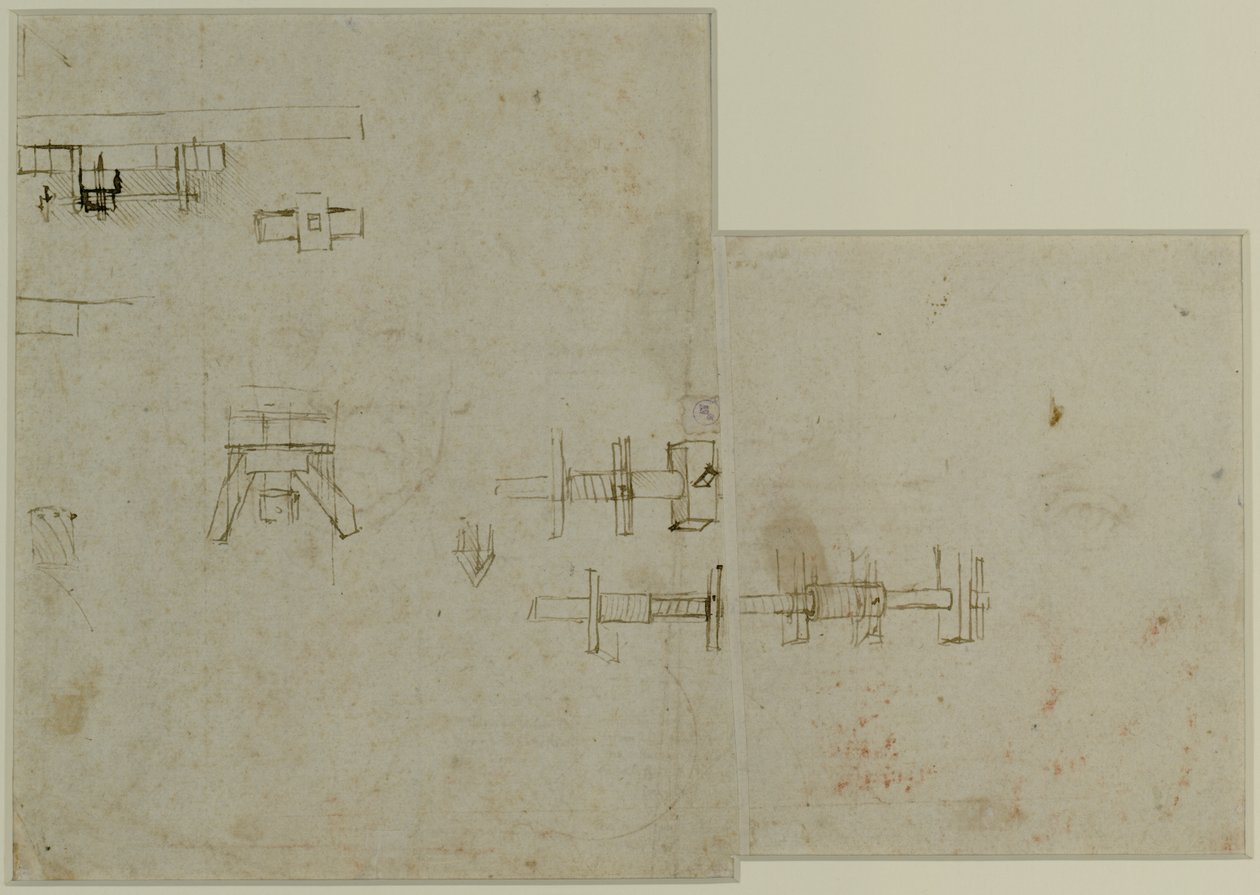 د ماشین عناصر، ج. 1489-90 (په کاغذ باندې قلم او نسواري رنګ) پولی autorstwa Leonardo da Vinci