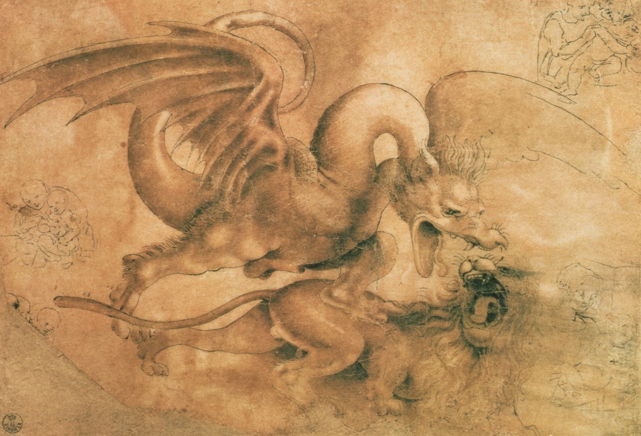Walka Smoka z Lwem (brązowy tusz z wash on paper) autorstwa Leonardo da Vinci