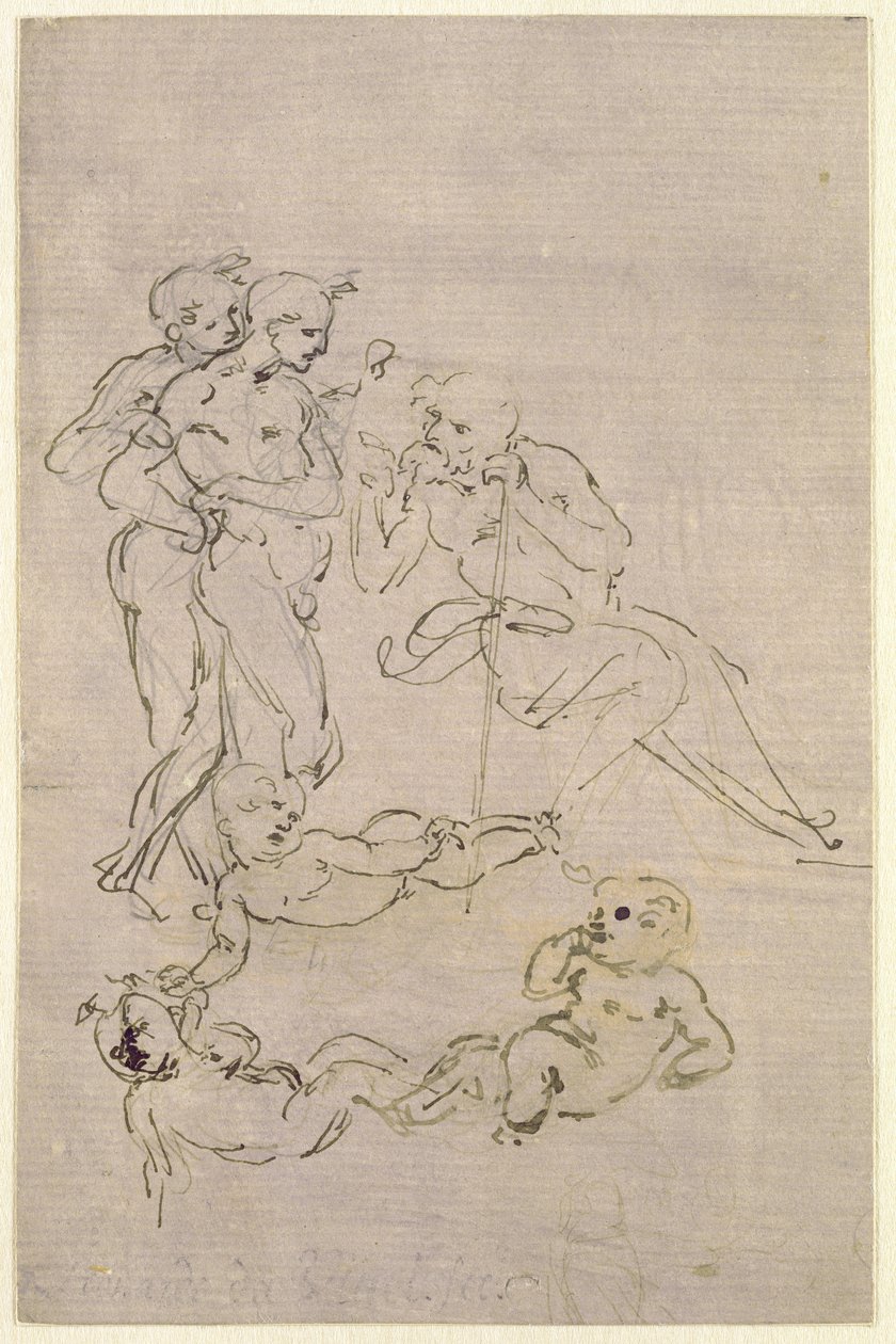 Studium figuralne do Adoracji Trzech Króli (Józef i dwaj pasterze oraz szkice do Dzieciątka Jezus), ok.1481 autorstwa Leonardo da Vinci