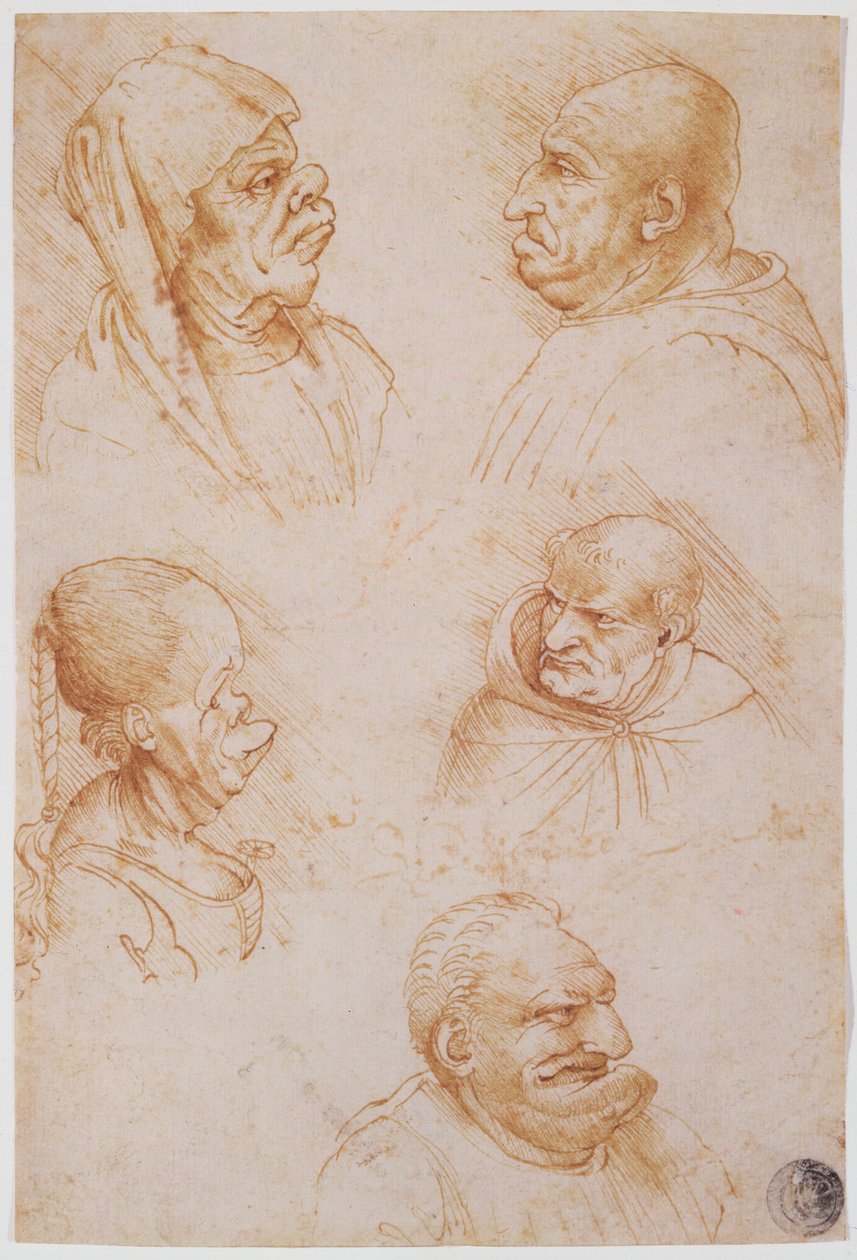 Pięć studiów groteskowych twarzy (czerwona kreda na papierze) autorstwa Leonardo da Vinci