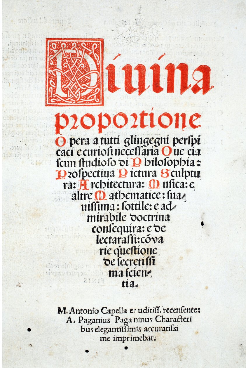 Frontyspis z „Divina Proportione” Luca Pacioli (ok. 1445-1517), pierwotnie wyd. Wenecja, 1509 autorstwa Leonardo da Vinci