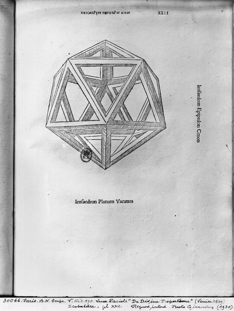Dwudziestościan z „De Divina Proportione” Luca Pacioli, opublikowany 1509, Wenecja autorstwa Leonardo da Vinci