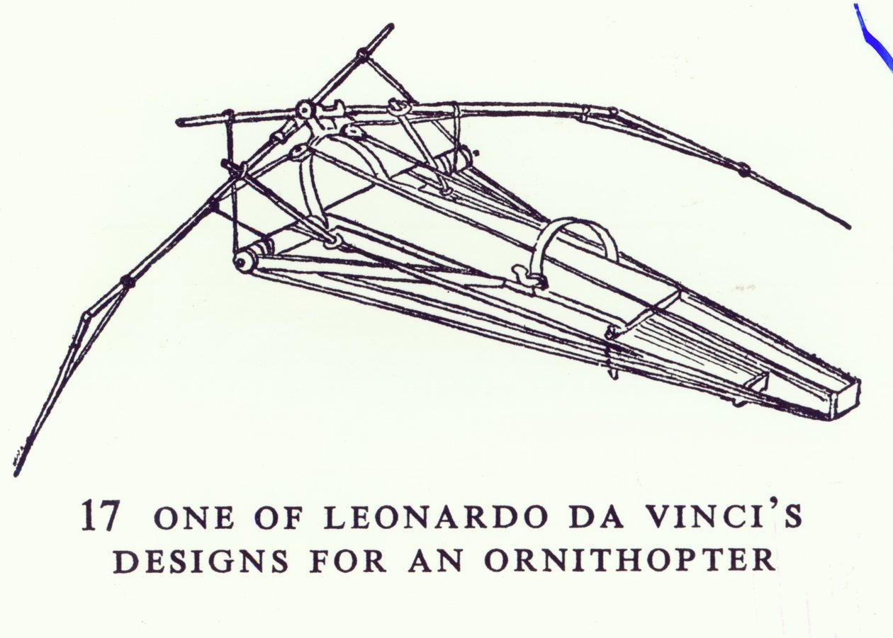 Jeden z projektów Leonarda da Vinci dla Ornitoptera, kopia schematu z Rękopisu B, 1488-89 autorstwa Leonardo da Vinci