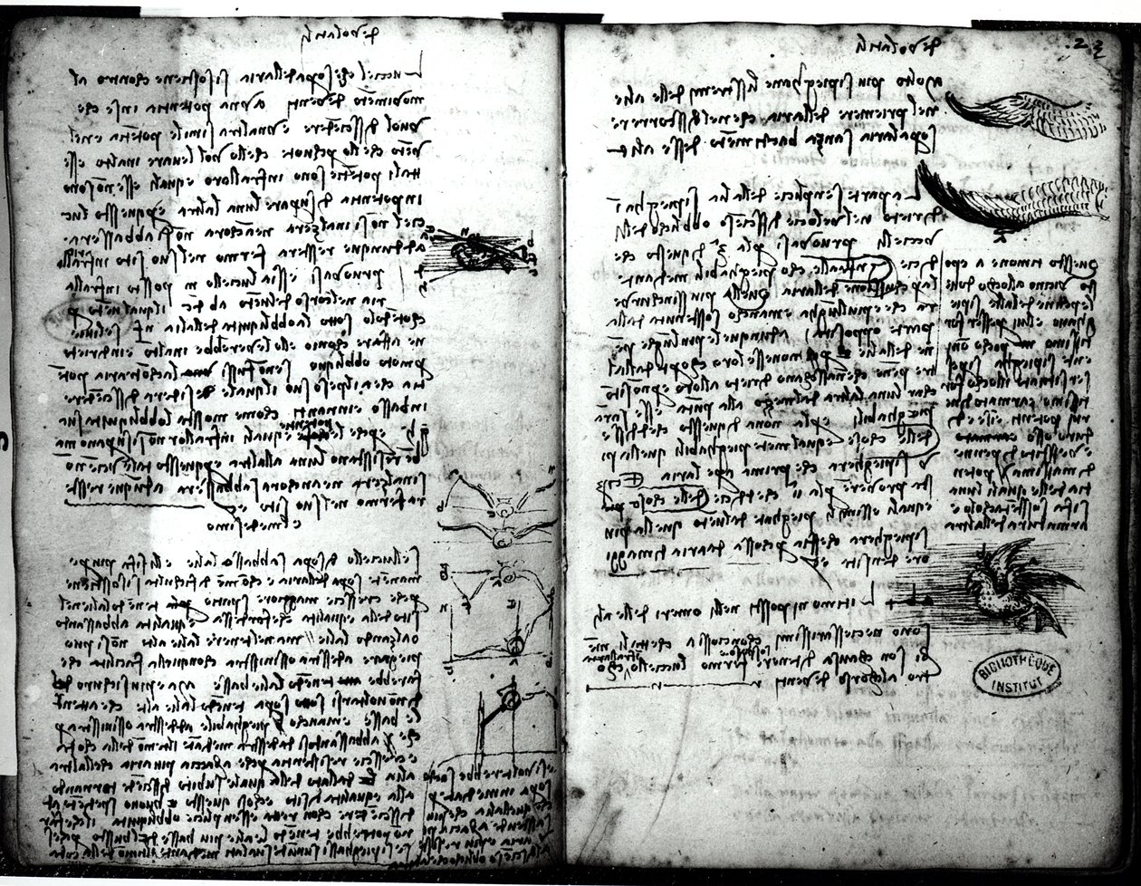 Rękopis paryski E, fol. 22v i 23r: Szkic lotu ptaków, 1513-14 autorstwa Leonardo da Vinci