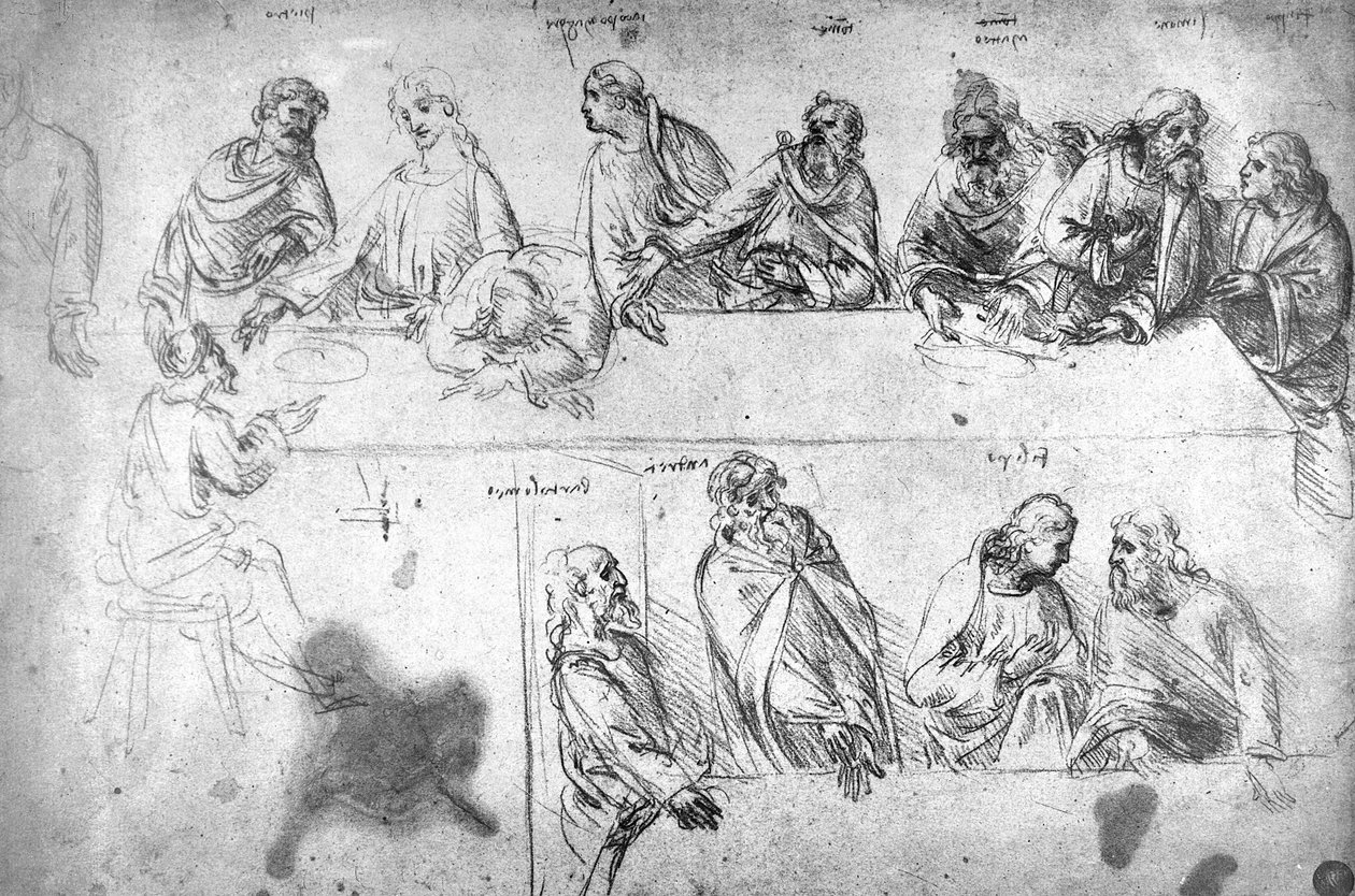 Rysunek przygotowawczy do Ostatniej Wieczerzy (tusz sepia na papierze lnianym) autorstwa Leonardo da Vinci