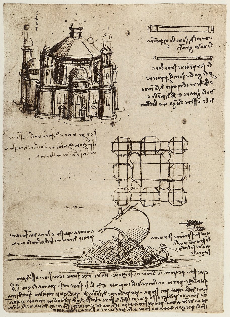 Projekt kościoła zbudowanego na osi centralnej i łodzi z wiosłami i żaglami, rysunek Leonarda da Vinci, część Kodeksu B (2173), ok. 39v, mieszczącego się w Institut de France w Paryżu autorstwa Leonardo da Vinci