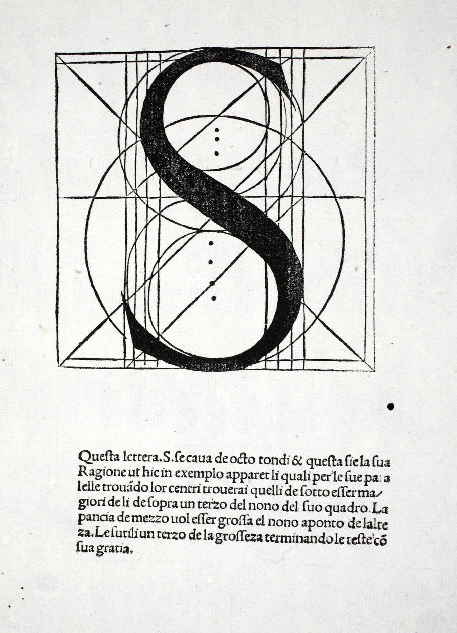 S, ilustracja z „Divina Proportione” Luca Pacioli (ok. 1445-1517), pierwotnie wyd. Wenecja, 1509 autorstwa Leonardo da Vinci
