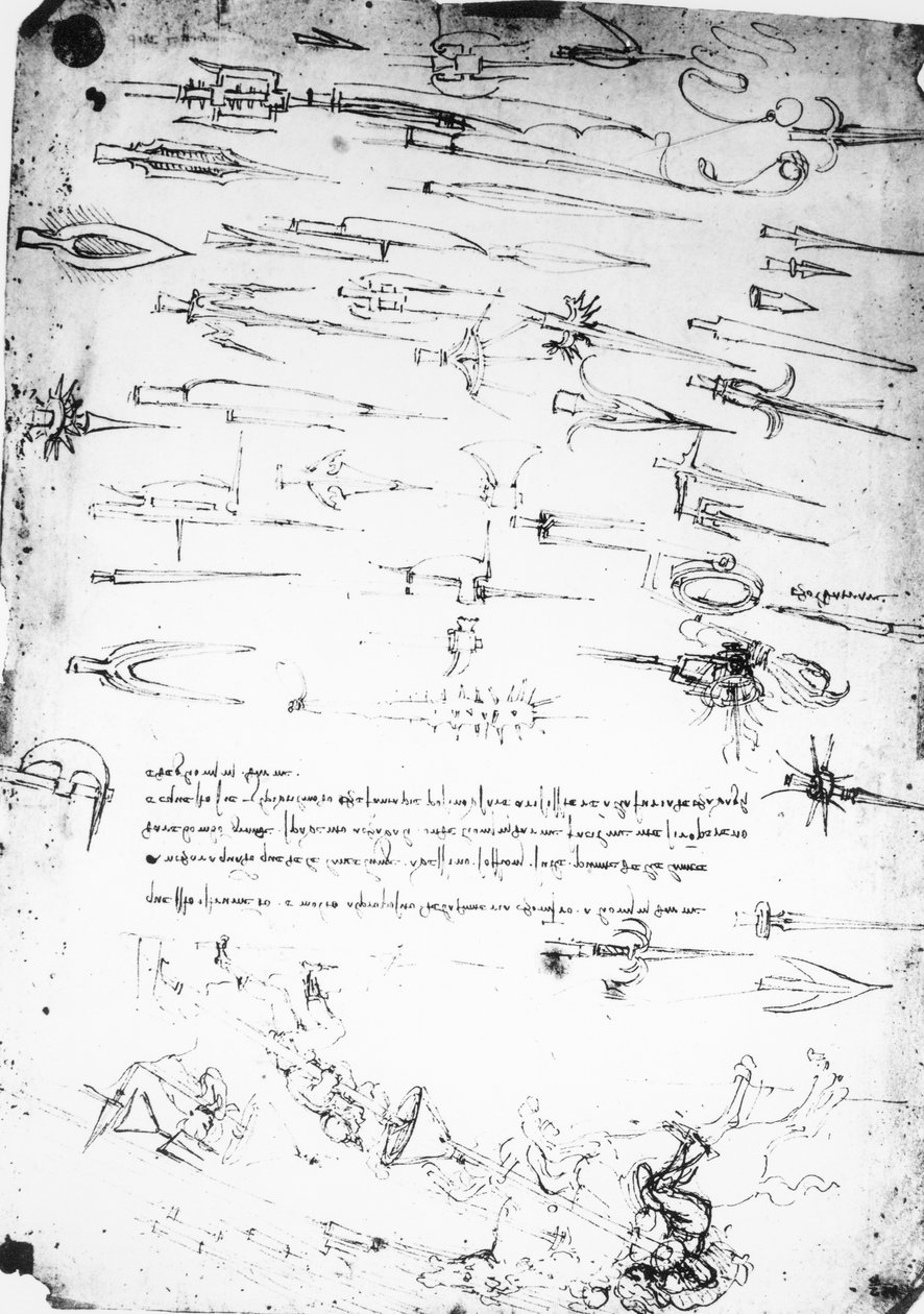 Arkusz opracowań piechoty i jeźdźców w walce i halbardów, 1485-1488 autorstwa Leonardo da Vinci