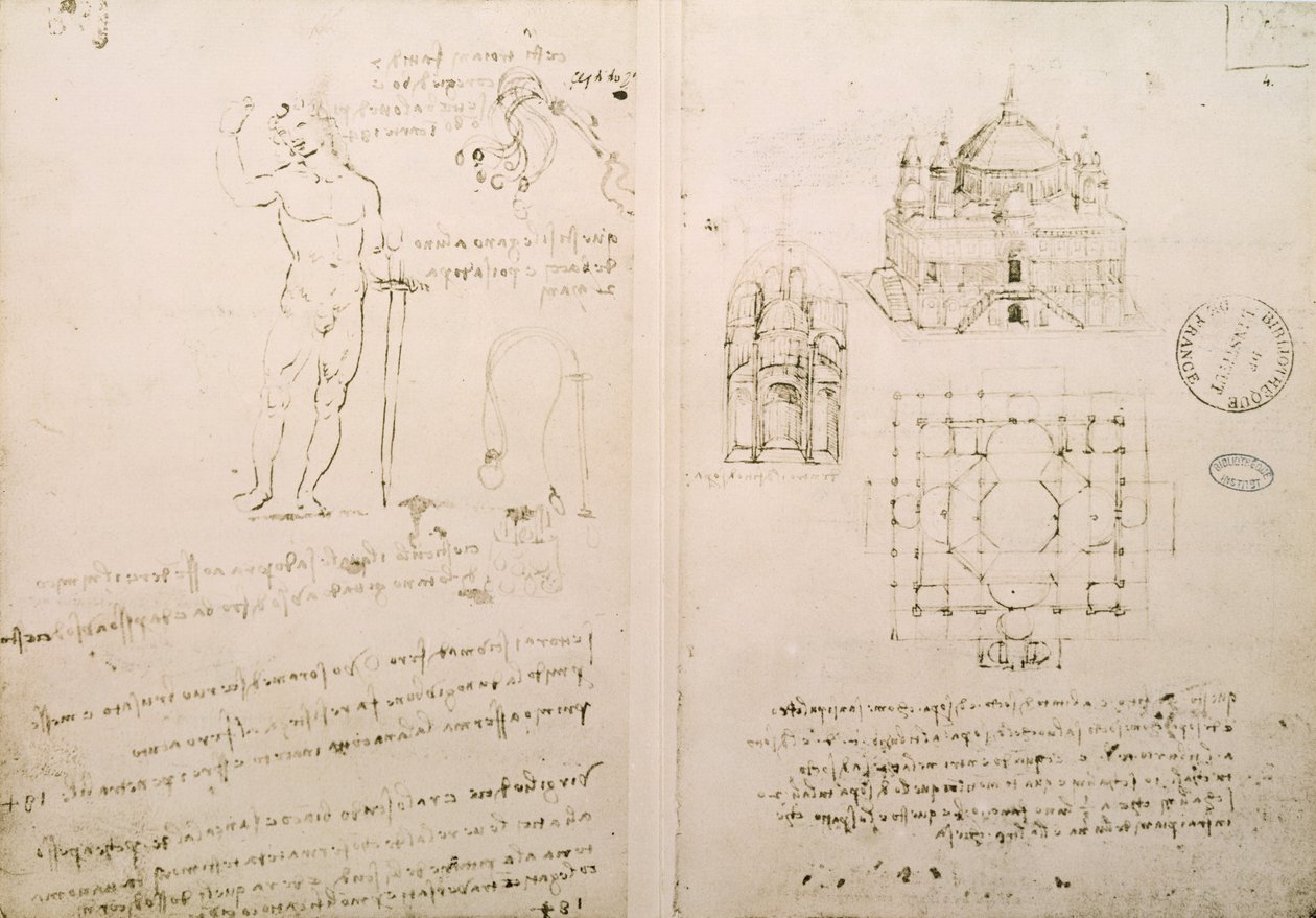 Szkic kościoła na wzór św. Sepolcro w Mediolanie, fol. 4r z Codex Ashburnham I i II (dawniej część Pani B (2184) i Pani A), ok.1492 autorstwa Leonardo da Vinci