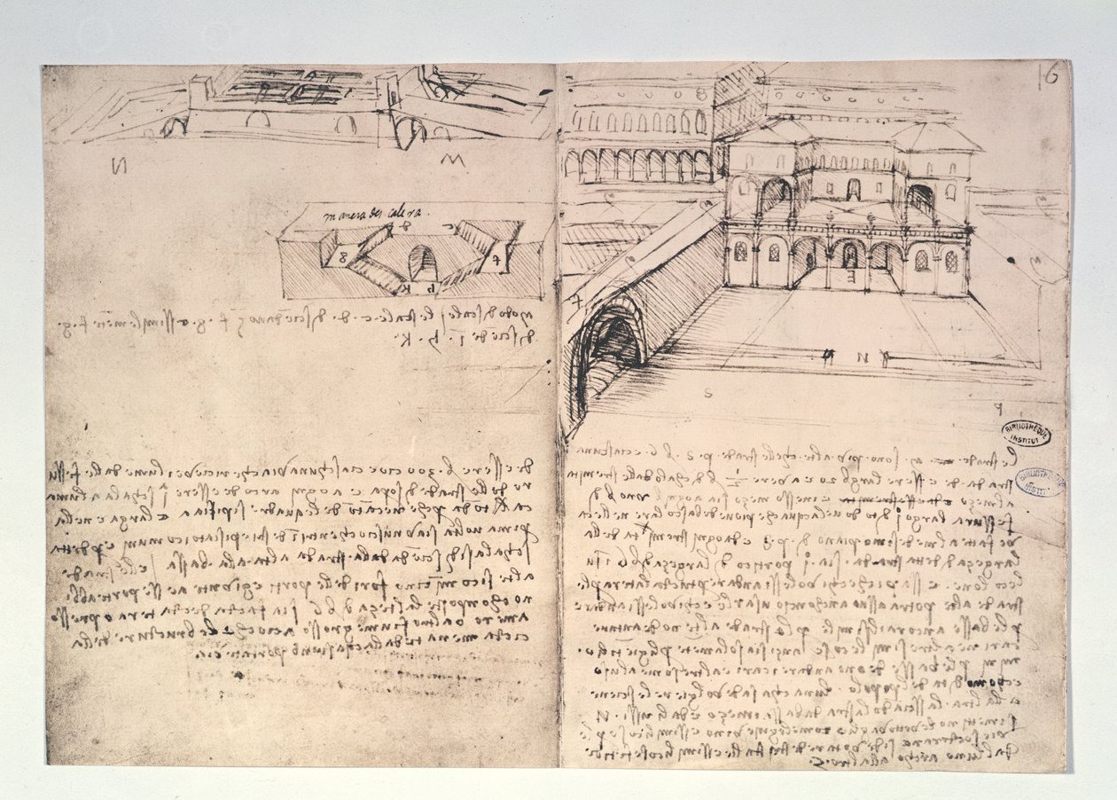Klatka schodowa, fol. 15v oraz Szkic architektoniczny „Miasta idealnego”, fol. 16r, z rękopisu paryskiego B, 1488-90 autorstwa Leonardo da Vinci