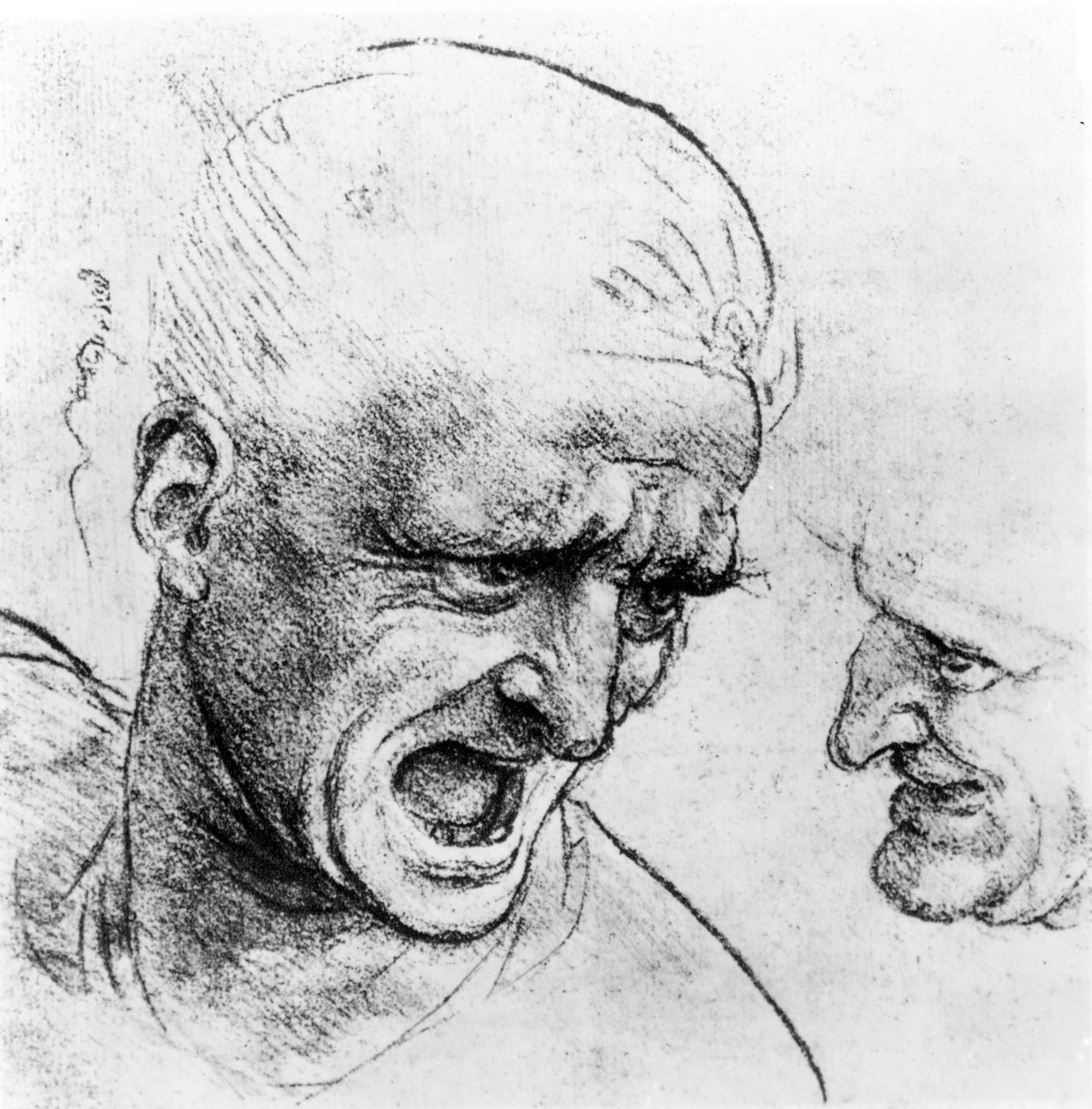 Studia na głowy dwóch żołnierzy w „Bitwa pod Anghiari”, ok. 1504-05 (czarna kreda lub węgiel na papierze) autorstwa Leonardo da Vinci