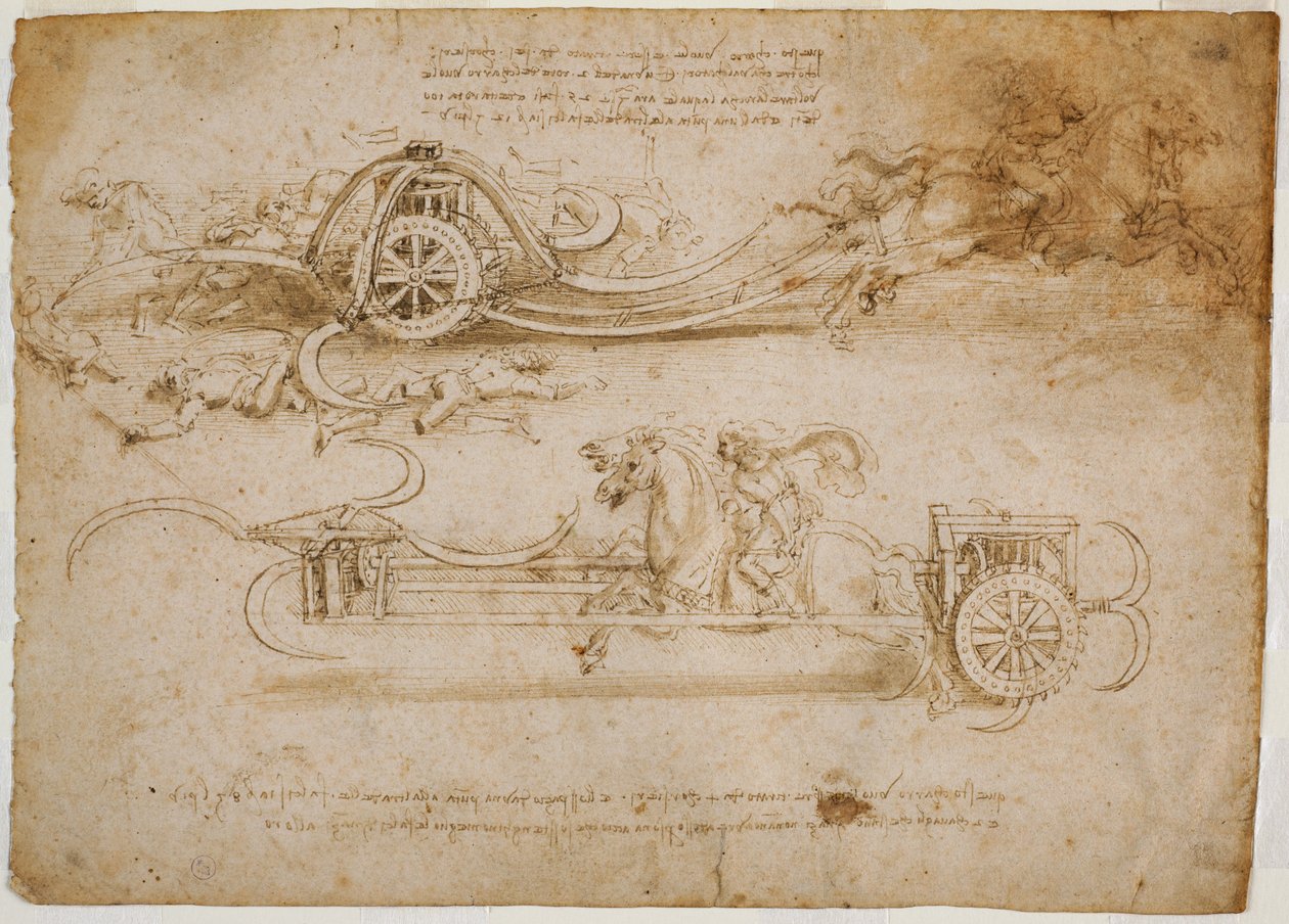 Badania czołgów szturmowych z kosami, ok. 1930 r. 1485 (pióro i brązowy tusz ze śladami metalicznej końcówki na papierze) autorstwa Leonardo da Vinci
